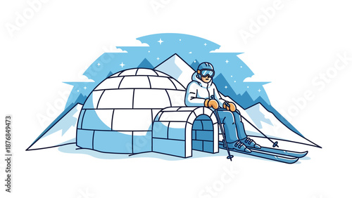 Arctic Escape Skier Relaxing Next To Igloo With Snowy Mountains Landscape