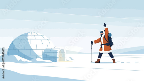 Arctic Expedition Happy Explorer Near Snow Shelter In Winter Scenic Adventure