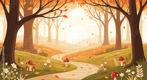 Charming autumn forest path through a meadow of mushrooms and flowers under a canopy of colorful orange leaves.
