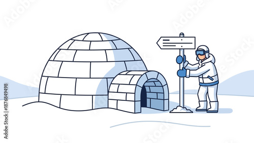 Arctic Explorer Constructing Sign Near Igloo Amidst Snowy Landscape Illustration