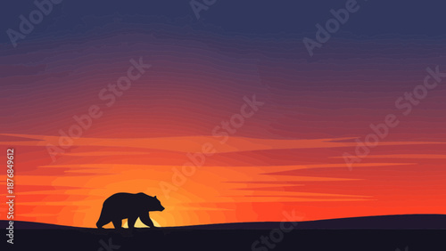 Bear Silhouette At Vibrant Sunset Minimalist Wildlife Adventure Scene Graphic