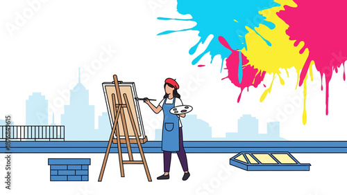 Artist Creates Colorful Painting On Rooftop With City Skyline Backdrop In Sunlight