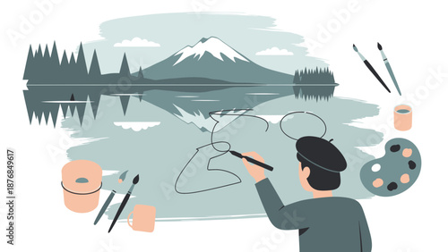 Artist Drawing Landscape Near Lake With Mountain And Forest Reflections Illustration