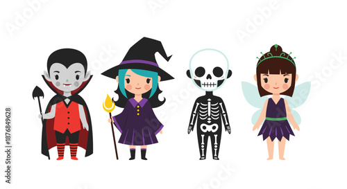Collection of cute children dressed in Halloween costumes including a vampire, witch, skeleton, and forest fairy.