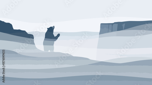 Bear Silhouette Gazing Upward In A Misty Landscape With Layered Hues Of Blue