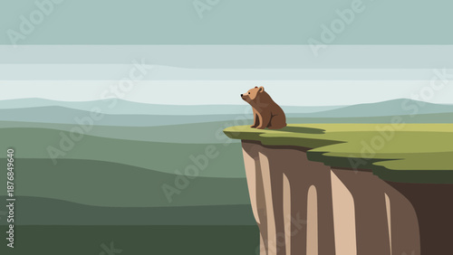 Bear Sits At The Cliff Edge Overlooking The Beautiful Landscape View