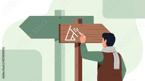Artist Painting A Mountain On A Wooden Signpost In A Serene Outdoor Landscape