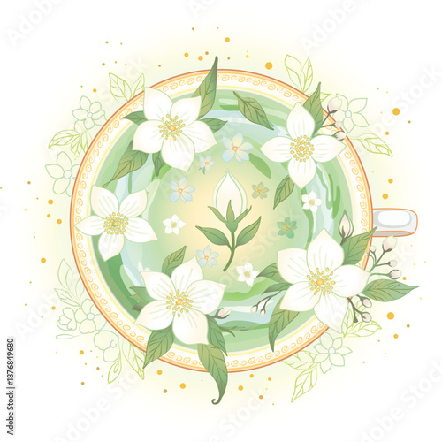A cup of green tea with jasmine on a white background