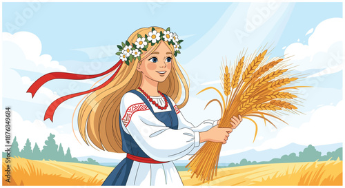 Young woman in traditional Slavic dress holding a bundle of wheat in a golden field under a sunny summer sky.