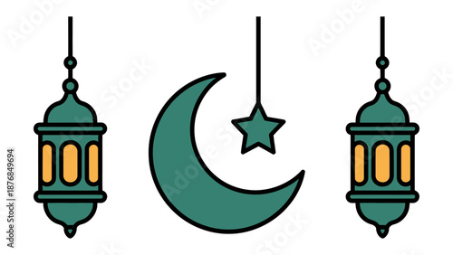 Celestial Harmony:  Symbolic representation of Islamic culture,  featuring a crescent moon, star, and lanterns. The lanterns represent guidance and light.