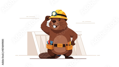 Beaver Engineer Cartoon Character Inspecting Dam Construction Project Concept Illustration