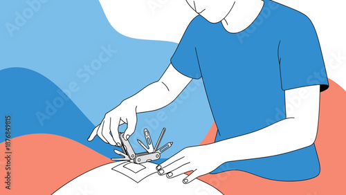 Artistic Illustration Of Man Using Pocketknife For Crafting Project At Home