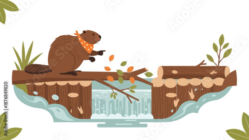Artistic Illustration Of A Beaver Building A Dam In A Peaceful Forest Scene
