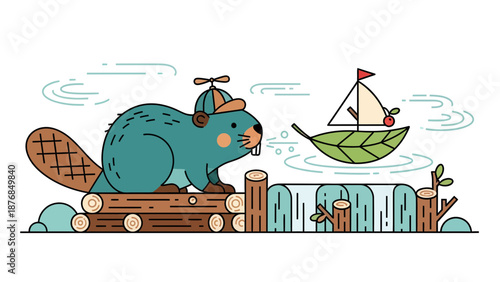 Beaver Enjoying Nature With A Little Boat On The River In The Forest
