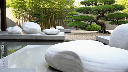 A modern, minimalist Zen garden with white pebbles and sculptural bamboo, perfect for luxury spa websites, landscape design blogs, wellness center brochures, and meditation apps, with space for text