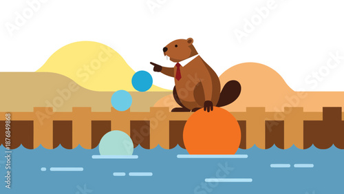 Beaver Managing Bubbles On A Wooden Pier With Bright Background