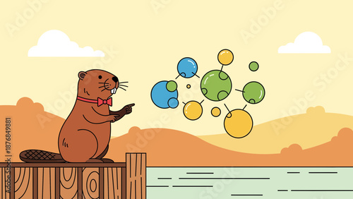 Beaver Scientist Explaining Molecular Structure on the River Bank Cartoon Illustration