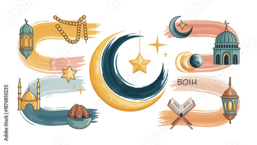 Islamic Decorative Set: A visually rich collection of Islamic motifs, featuring intricate lanterns, crescent moons, and stars, exuding a sense of cultural celebration.