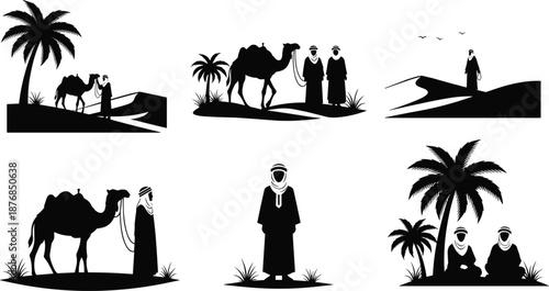  Arabian desert silhouette set with camels, bedouin men, palm trees, sand dunes and oasis, vector illustration collection for travel.