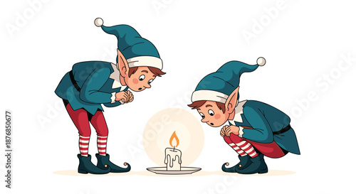 Two small Christmas elves with pointy hats and striped stockings looking curiously at a single lit white candle.