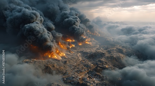 Aerial perspective of massive smoke and flames from burning landfill, environmental impact, climate change awareness