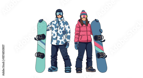 Pair of snowboarders in colorful winter clothing holding their gear against a clean white background for sports.