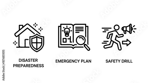 Disaster Preparedness and Emergency Planning Icons for Safety Drills and Home Protection