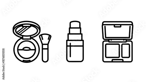 Cosmetic Mirror Compact and Lipstick Makeup Tools Line Icons Set