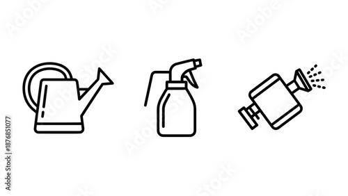 Garden Watering Equipment Icons featuring Watering Can, Spray Bottle, and Hose Nozzle