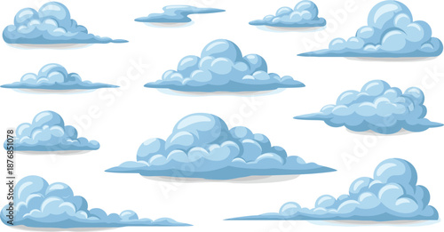  Collection, of, blue, cartoon, cloud, icons, and, shapes, isolated, on, white, background, for, sky, nature, weather, landscape, and, design, assets.