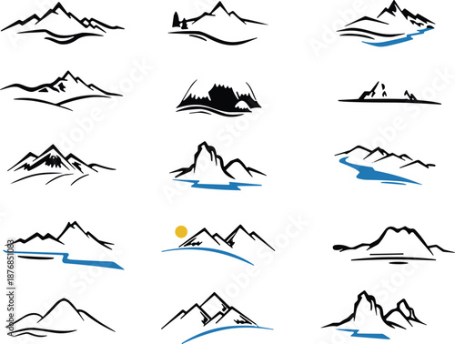 Collection, of, minimalist, mountain, range, icons, with, river, and, sun, sketches, hand, drawn, peaks, for, logo, travel, adventure, nature, designs.