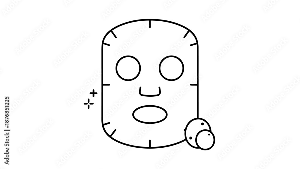 Obraz premium Facial treatment line icon showing a moisturizing sheet mask and a close-up of skin with acne blemishes for dermatology concepts.