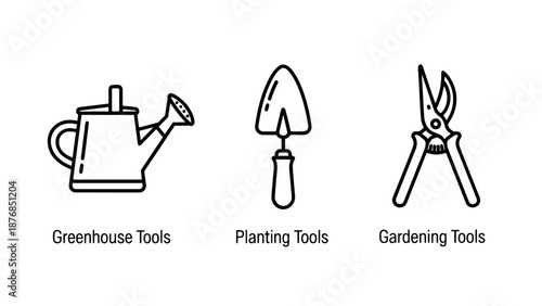Garden maintenance and planting tool icon set featuring a watering can, a hand trowel shovel, and sharp pruning shears.