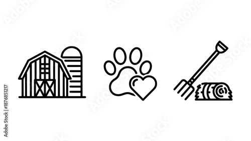 Country life and farm animal care icons featuring a rural barn with silo, a paw print with a heart, and a pitchfork with a hay bale.