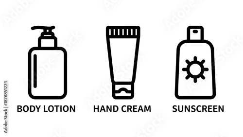 Collection of protective skincare products including a pump bottle of body lotion, a tube of hand cream, and a sunscreen bottle.
