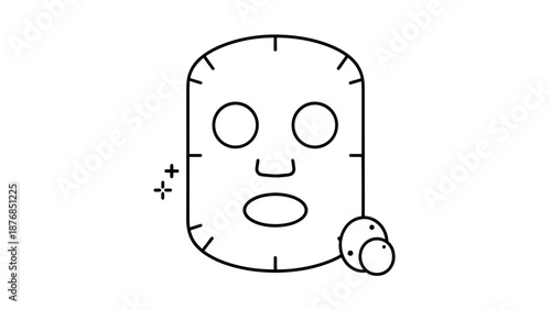 Facial treatment line icon showing a moisturizing sheet mask and a close-up of skin with acne blemishes for dermatology concepts.