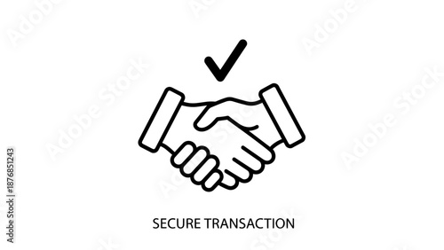 Business concept icon for a secure transaction and agreement, showing a handshake with a green checkmark symbol for trust and partnership.