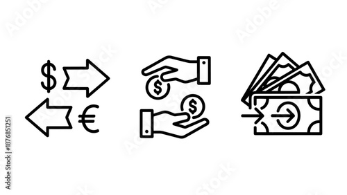Financial Transaction and Currency Exchange Icons Showing Dollar and Euro Transfers with Cash Symbols