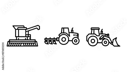 Agricultural Machinery Line Icons Representing a Combine Harvester, Tractor with Plow, and Front Loader