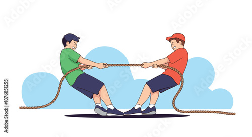 Two young men engage in a competitive tug of war game against a backdrop of soft blue clouds, showing effort and determination.
