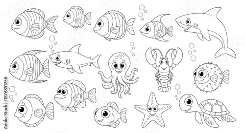 Collection of cute sea creatures including fish, sharks, an octopus, and a turtle designed as a line art coloring page for kids.