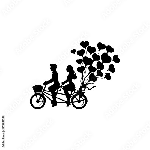 Couple riding a bicycle with heart balloons attached  vector