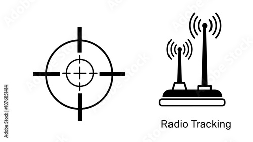 Navigation and Communication Icons featuring a Crosshair Target and Radio Signal Tracking Transmitter Tower