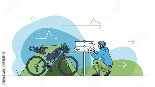 Bicycle Touring Adventure With Traveler Consulting A Directional Signpost In Scenic Landscape