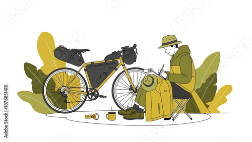 Bicycle Touring Adventure A Man Writes Notes While Taking A Rest In The Countryside
