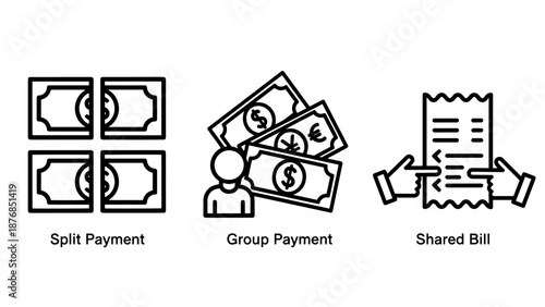 Shared Expense and Group Payment Icons representing Split Bill Functionality, Multiple Currency Management, and Cooperative Finance