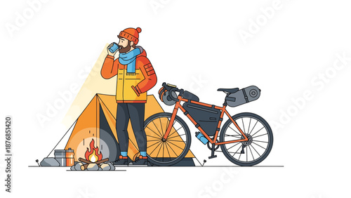 Bicycle Touring Adventure Exploring The Wilderness With Tent And Campfire