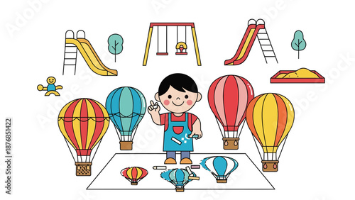 Boy Drawing Hot Air Balloons At Park In Colorful Cartoon Illustration