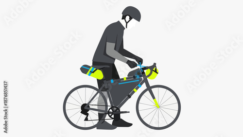 Bicycle Touring Preparation A Cyclist Adjusting Gear Before Long Ride Adventure