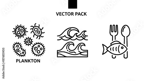 Marine Biology and Seafood Vector Pack featuring Plankton Organisms, Rolling Ocean Waves, and Fish Nutrition Symbols